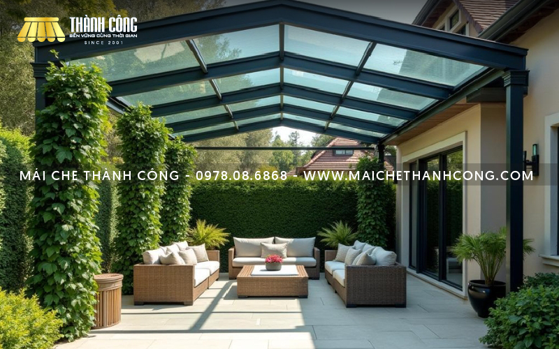 Mái che bằng kính cường lực mang lại vẻ đẹp tinh tế cho không gian
